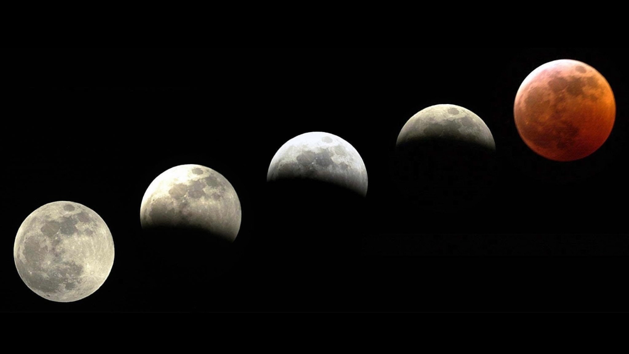 Verlauf der Phasen einer totalen Mondfinsternis, aufgenommen im Jahr 2001 in Bulgarien