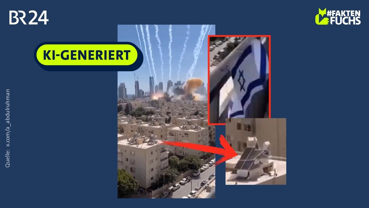 Screenshots eines KI-generierten Videos, das angeblich Raketenangriffe auf Tel-Aviv zeigt.