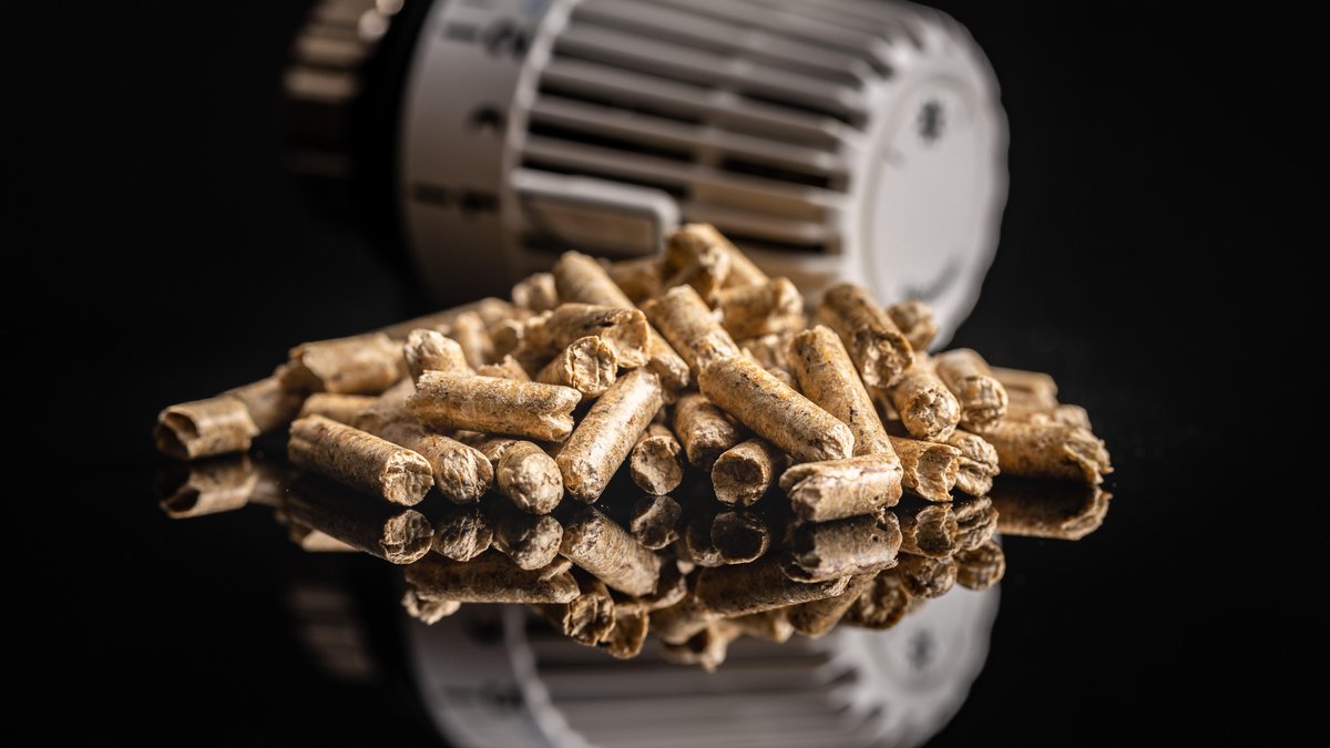 Wooden pellets and thermostatic valve head on black background. Biomass - Renewable source of heating.