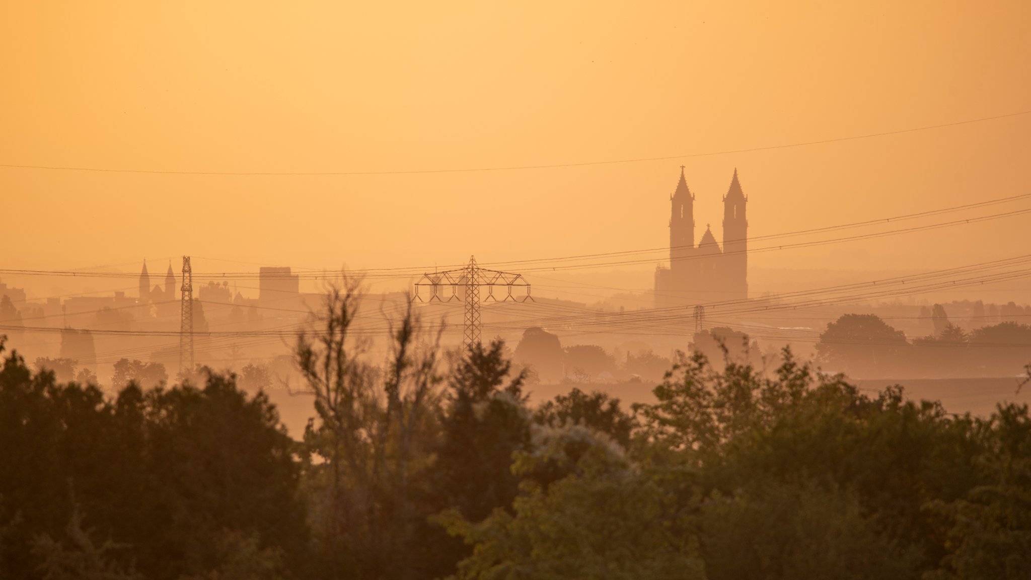 Der Magdeburger Dom erhebt sich am Horizont im Licht der aufgehenden Sonne.