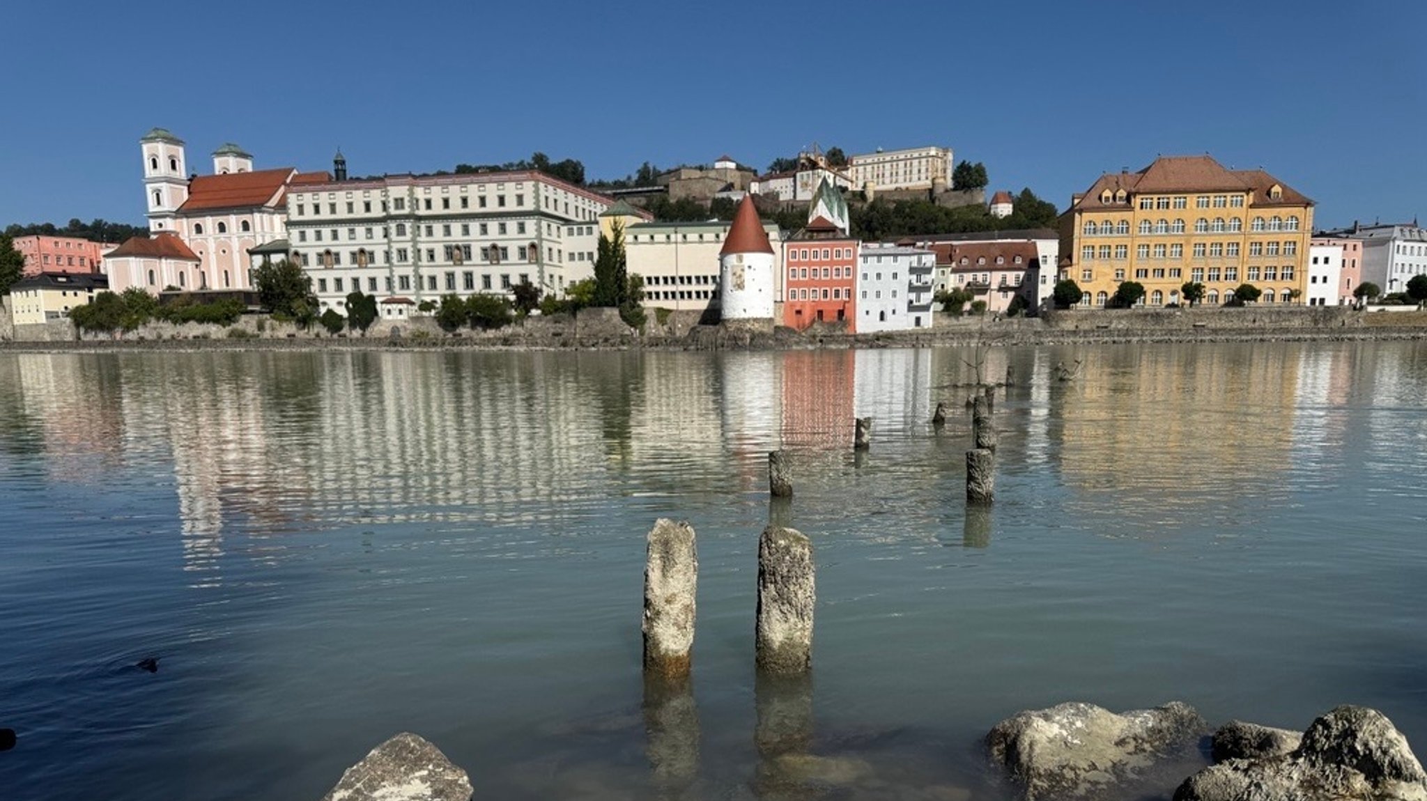 Niedrigwasser am Inn in Passau. Die alten Holzpfosten, die früher den Steg der Fähre zum Schaiblingsturm trugen, ragen weit aus dem Wasser. | Bild: BR/ Caroline Eichhorn Niedrigwasser am Inn in Passau. Die alten Holzpfosten, die früher den Steg der Fähre zum Schaiblingsturm trugen, ragen weit aus dem Wasser.