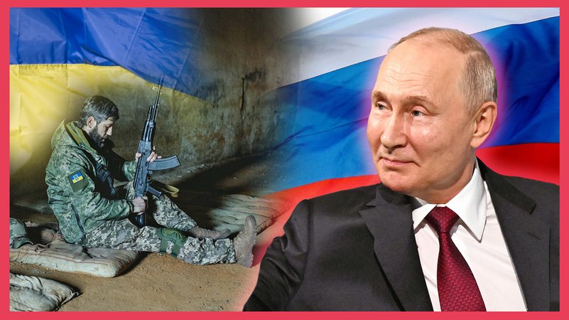 Ein zweigeteiltes Bild, links ein ukrainischer Soldat, der auf dem Boden sitzt, rechts ein grinsender Wladimir Putin.