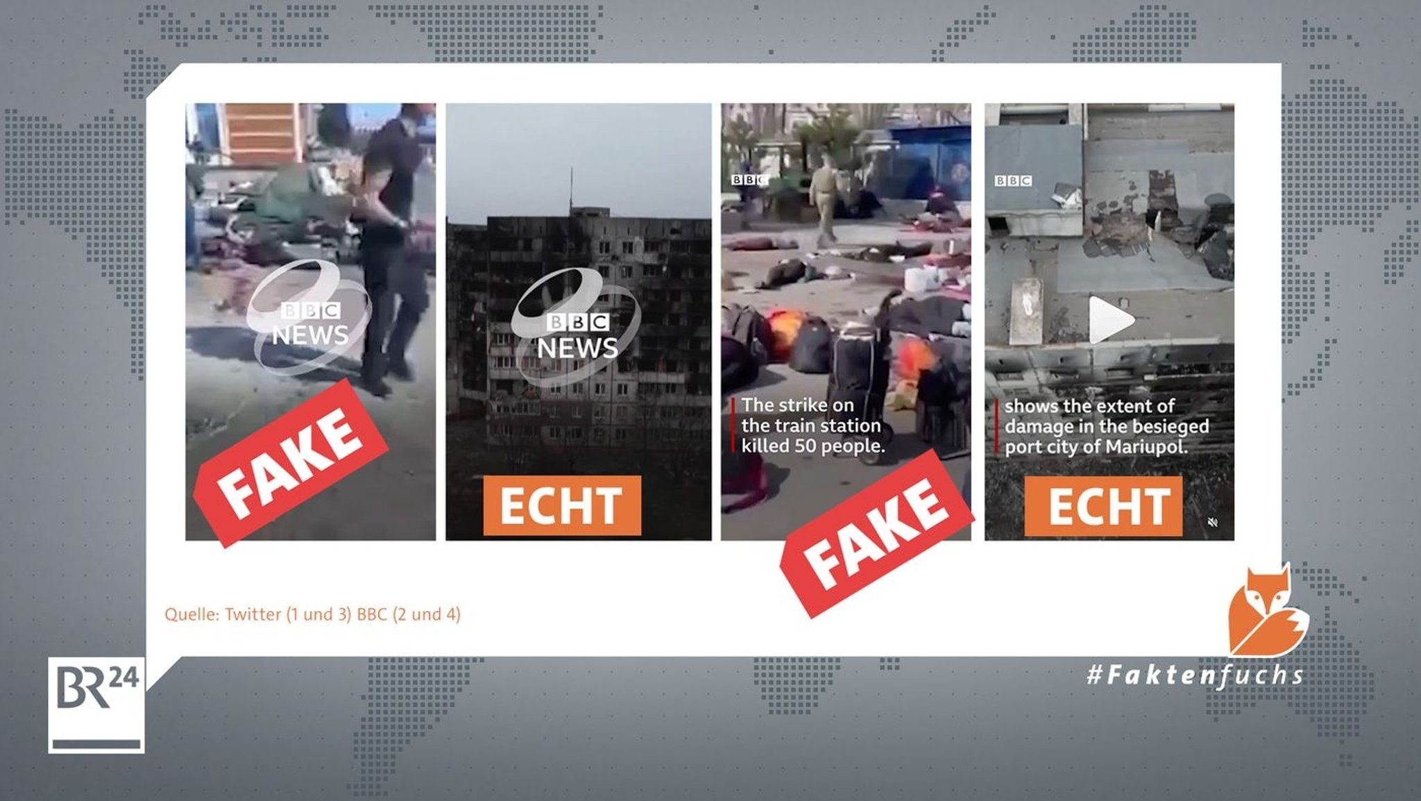 Der Vergleich von Fake-Video und einem echten BBC-Video zeigen: Logo und Schrifteinblendungen sind augenscheinlich identisch.