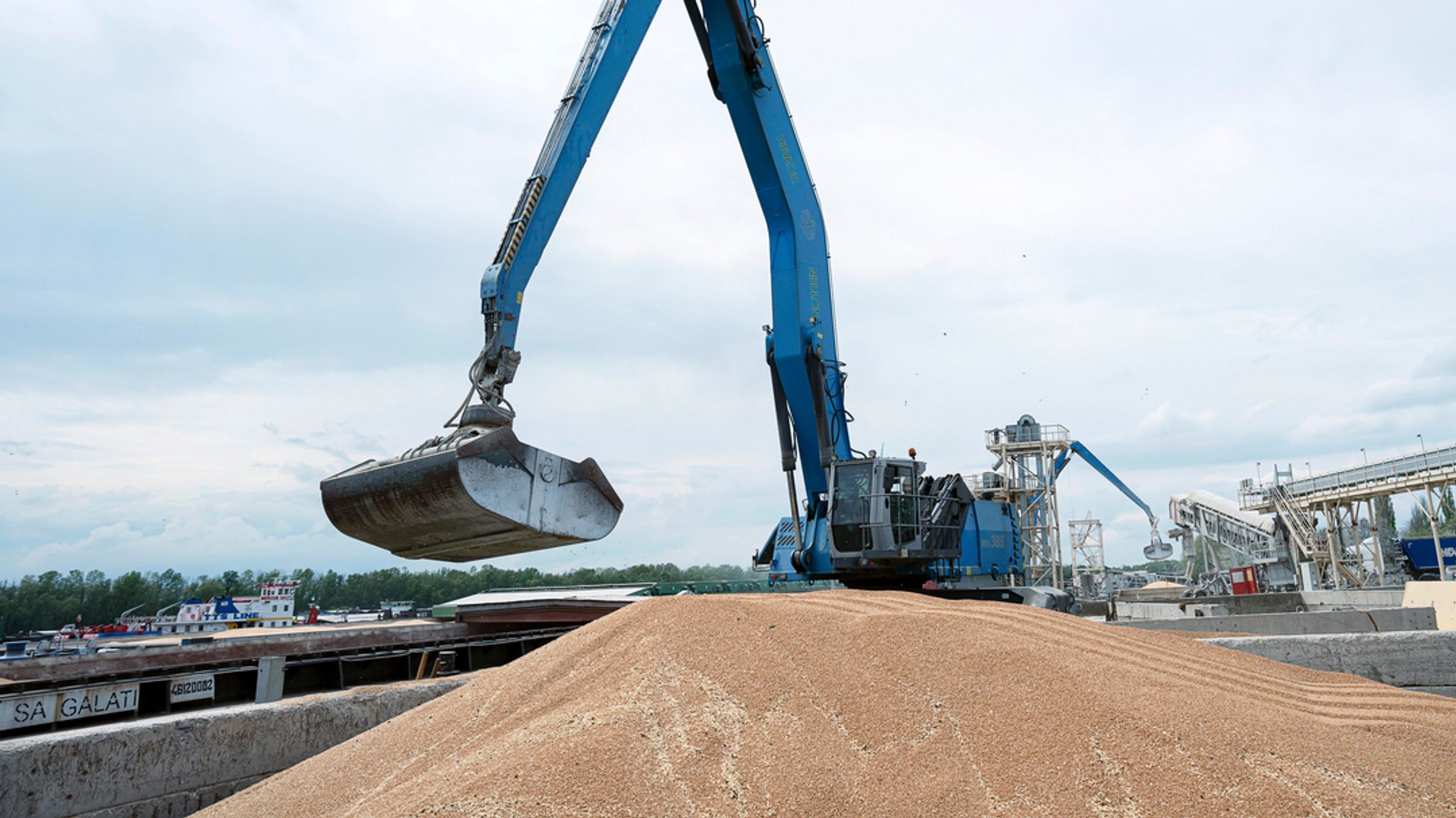 Ein Bagger verlädt in einem Getreidehafen Getreide in ein Frachtschiff (Archivbild)