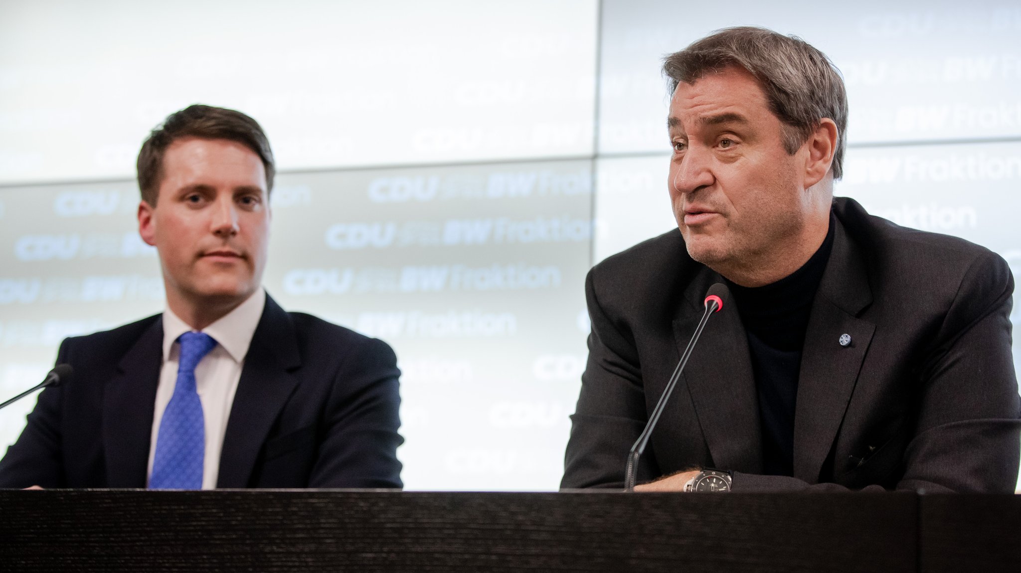 Pressekonferenz im Landtag von Baden-Württemberg: Markus Söder (r), CSU-Chef, und Manuel Hagel (l), damals CDU-Fraktionschef im Landtag 