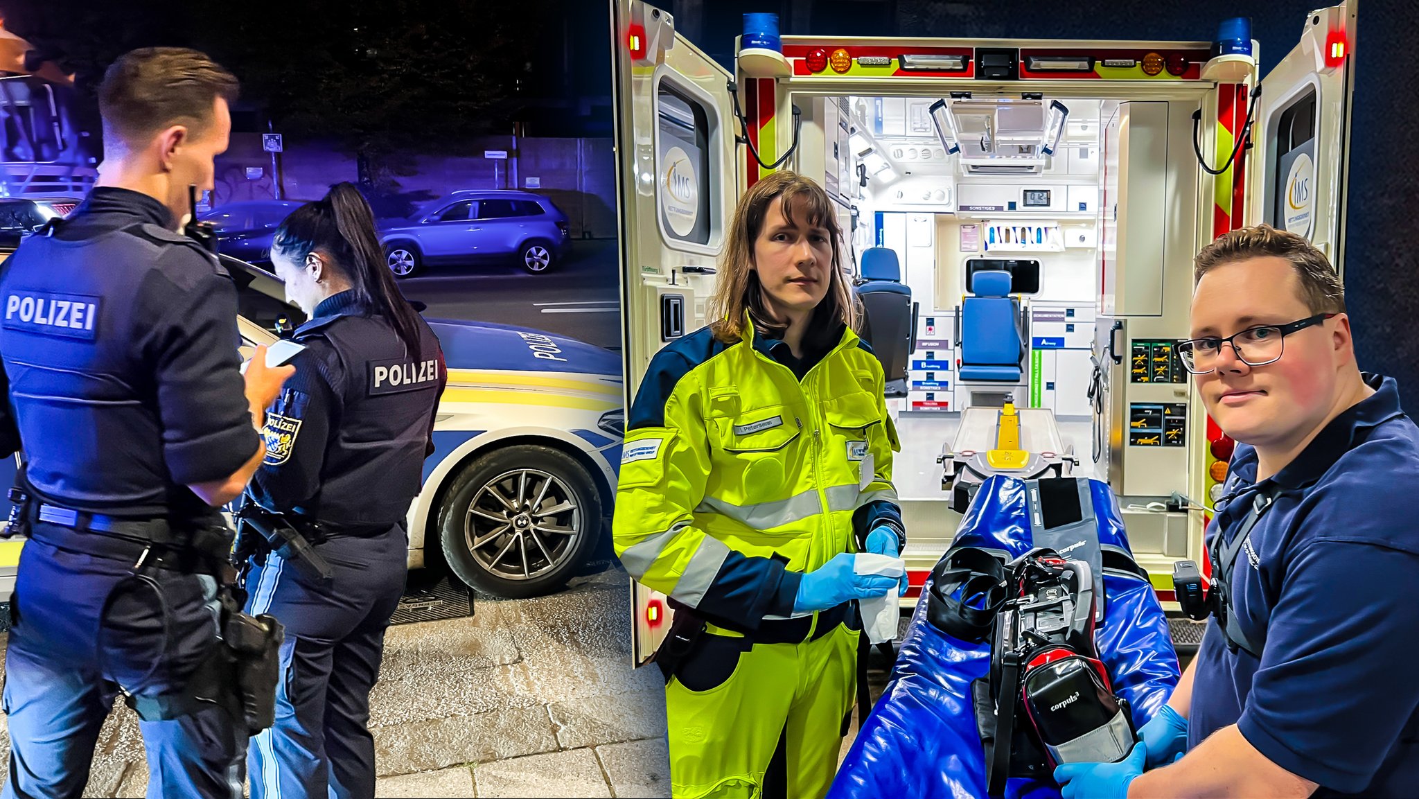 Polizeioberkommissar Yannick Dressel (li), Polizeihauptmeisterin Julia Laun (2. v. li), Rettungskräfte Sebastian Witt (re) und Ingo Petersen (2. v. re)