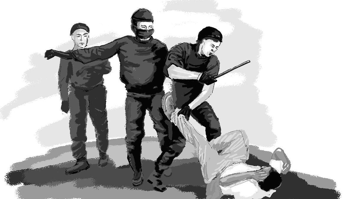 Zeichnung: Drei Männer verprügeln eine Person mit einem Schlagstock-