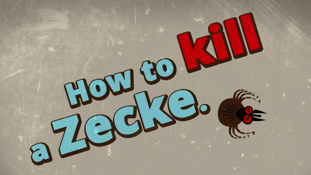 Der blau-rote Schriftzug "How to kill a Zecke" und eine grafisch dargestellte Zecke vor beigem Grund.