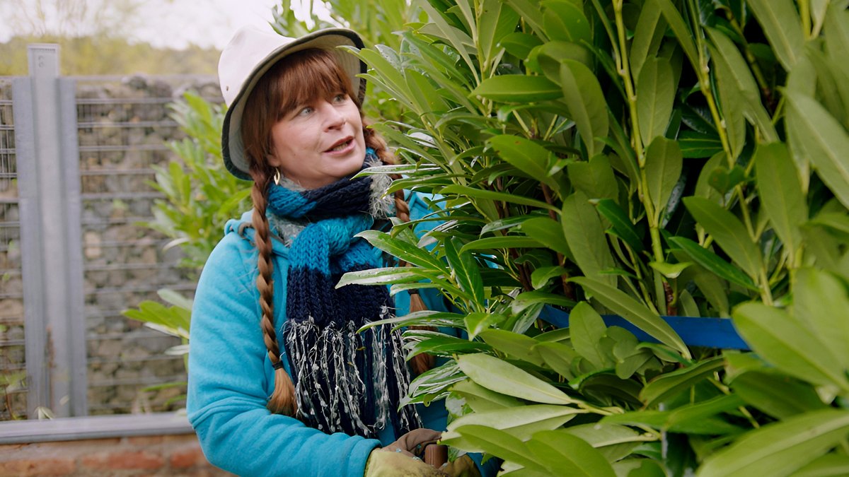 Sabrina Nitsche von Querbeet steht vor ihrer Kirschlorbeerhecke