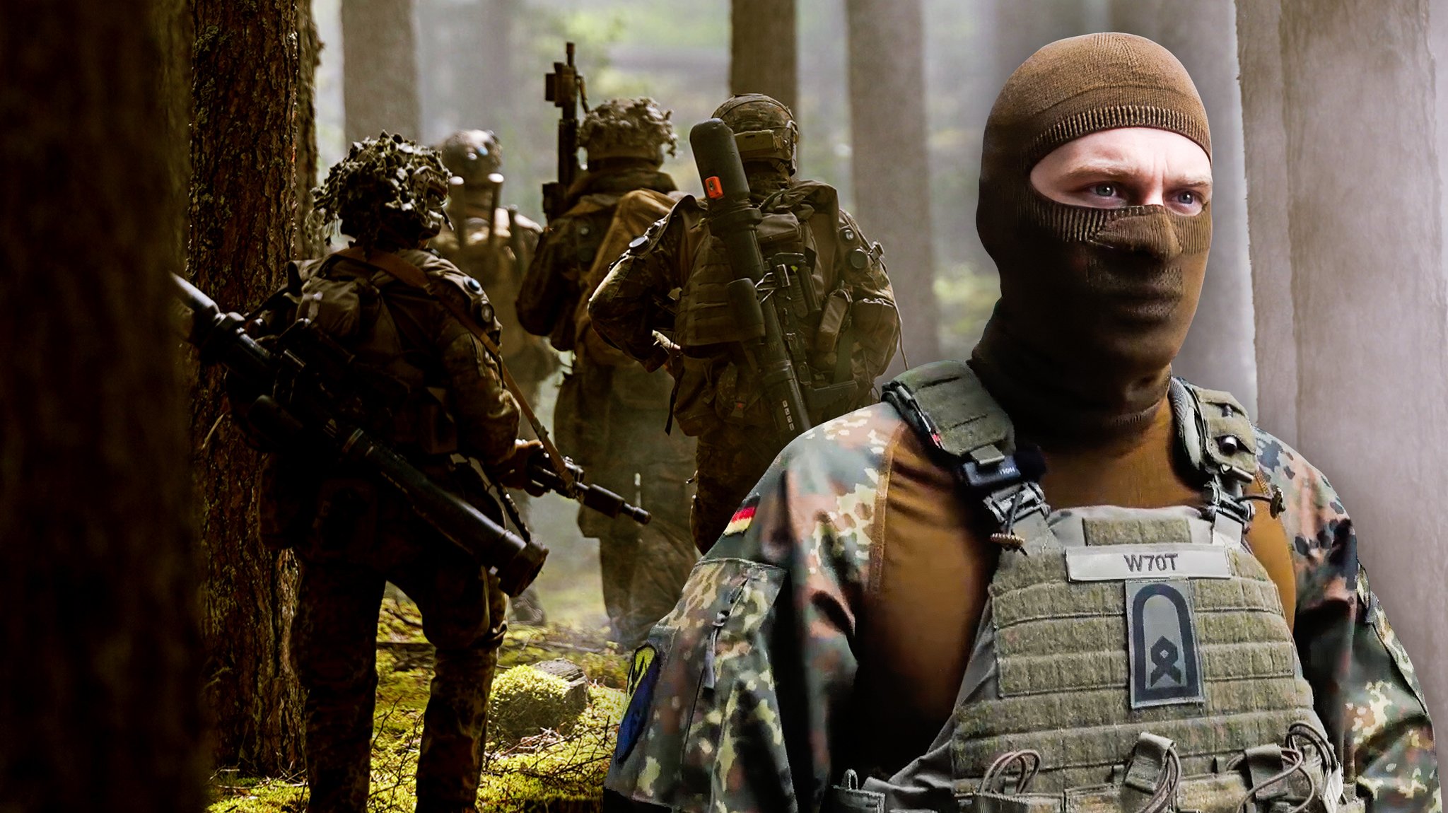 (Symbolbild) Soldat bei der elektronischen Kampfführung der Bundeswehr in Litauen, im Hintergrund Panzergrenadiere der Bundeswehr im Wald bei Gefechtsübung