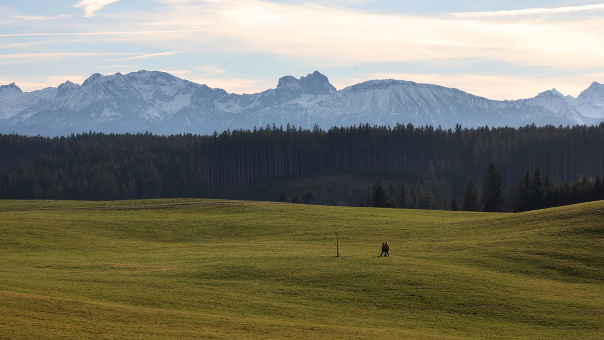 Archiv: Spaziergänger gehen vor dem Panorama der schneebedeckten Alpen bei Marktoberdorf über eine Wiese.