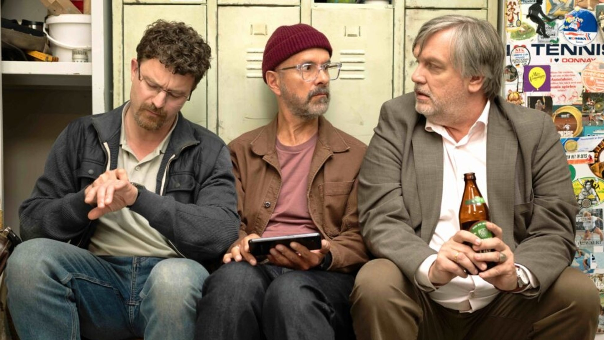 Die drei vom Tennisclub: Friedrich Mücke (l.), Christoph Maria Herbst und Hape Kerkeling (r.) im neuen Film von Marcus H. Rosenmüller.