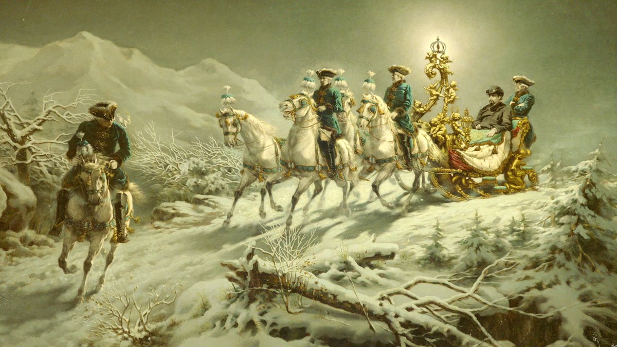 Der Prunkschlitten von König Ludwig II., der durch die verschneite Landschaft des Graswang-Tals bei Linderhof fährt