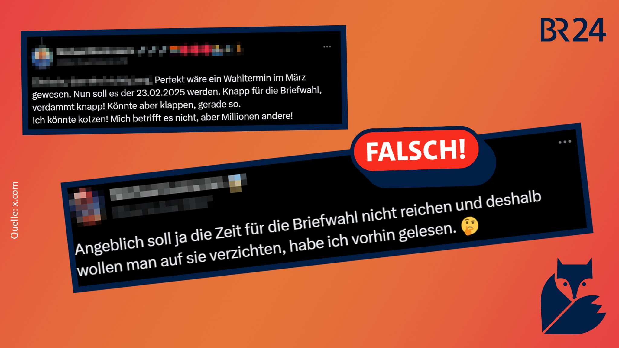 Auf dem Bild sind zwei X-Kommentare zu sehen. Auf einem steht "Angeblich soll ja die Zeit für die Briefwahl nicht reichen und deshalb wollen man auf sie verzichten, habe ich vorhin gelesen." Aber das ist falsch.