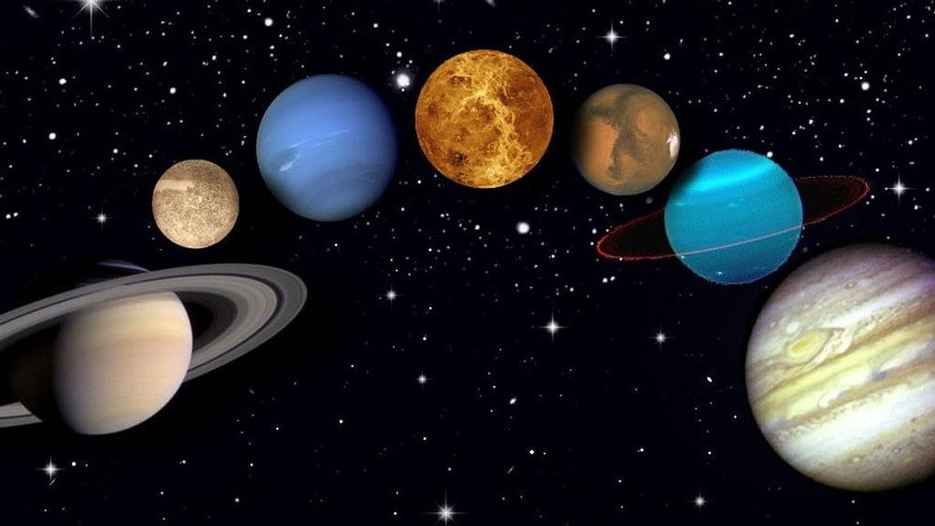 Planeten des Sonnensystems vor dem Sternenhimmel (Collage)