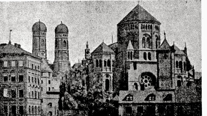Bild der Münchner Synagoge am Vorabend der Zerstörung im Juni 1938.