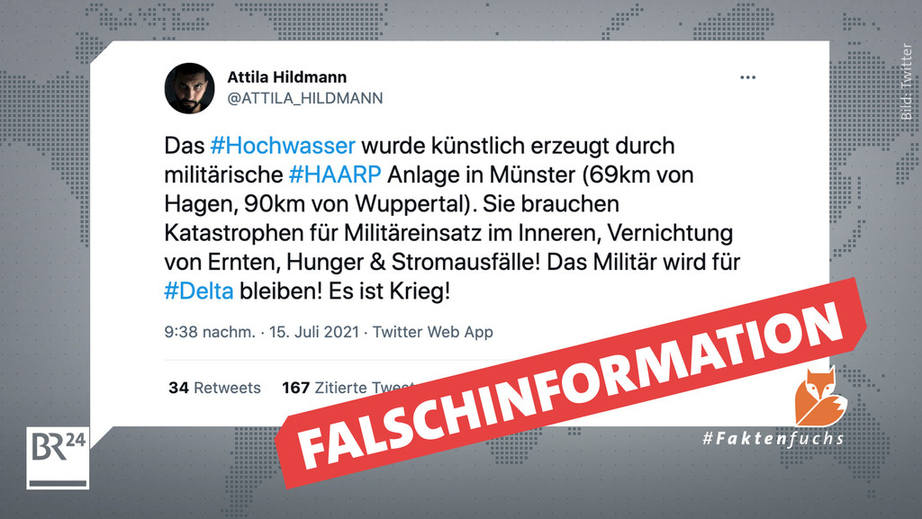 Screenshot des Twitter-Accounts von Attila Hildmann: Vorwürfe von Attila Hildmann, eine HAARP-Anlage in Münster habe das Hochwasser verursacht.