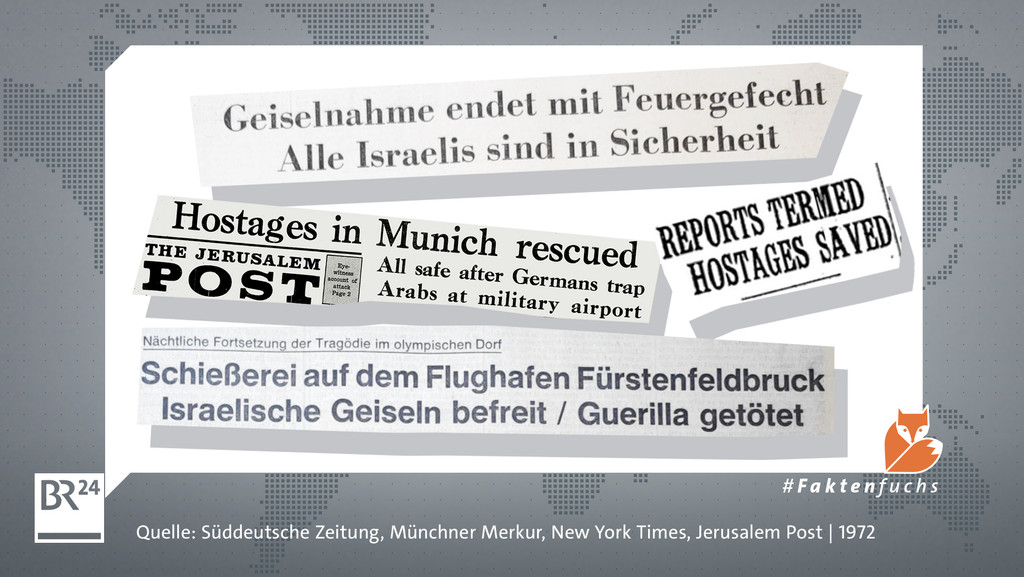 Schlagzeilen der Süddeutschen Zeitung, des Münchner Merkur, der New York Times und der Jerusalem Post vom 6. 9. 1972, dass die Geiseln befreit worden seinen.