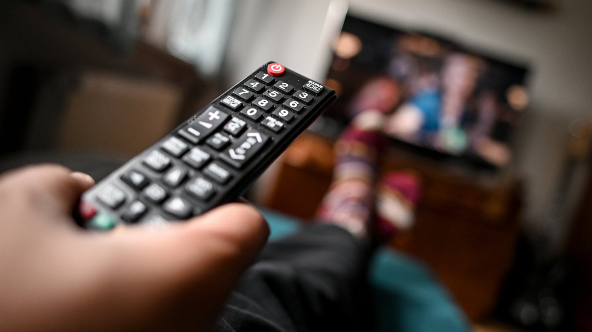 Ein junger Mann sitzt mit einer Fernbedienung vor dem Fernseher. | Bild: dpa/Britta Pedersen Ein junger Mann sitzt mit einer Fernbedienung vor dem Fernseher.