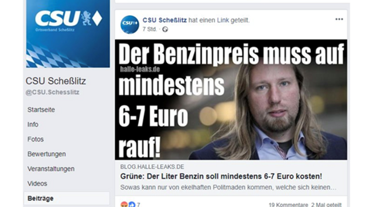 Screenshot des Facebook-Posts der CSU - Scheßlitz mit der Falschbehauptung über Anton Hofreiter.