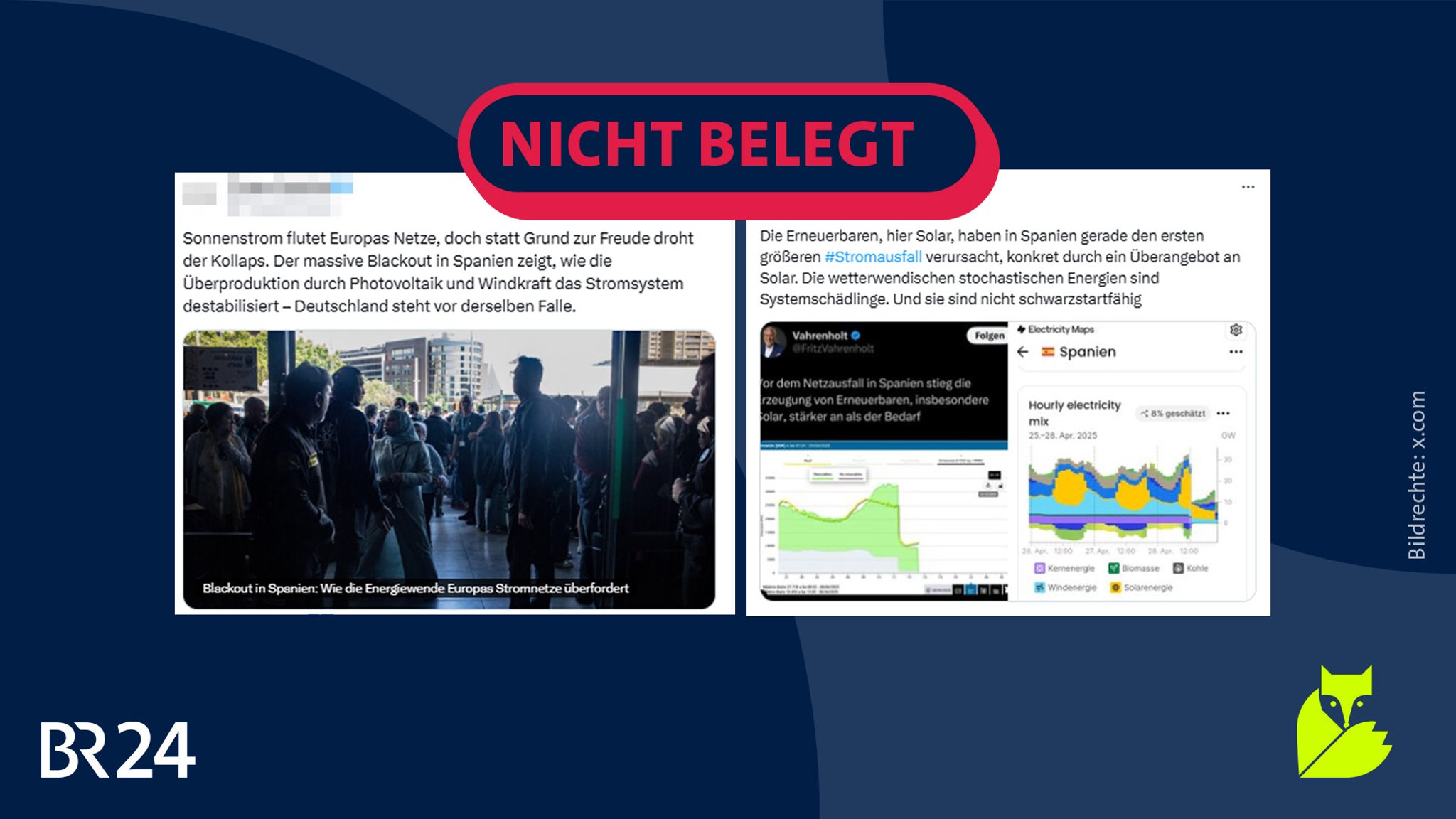 Screenshots mit Behauptungen zum Blackout in Spanien und Portugal, darüber der Stempel "Nicht belegt".