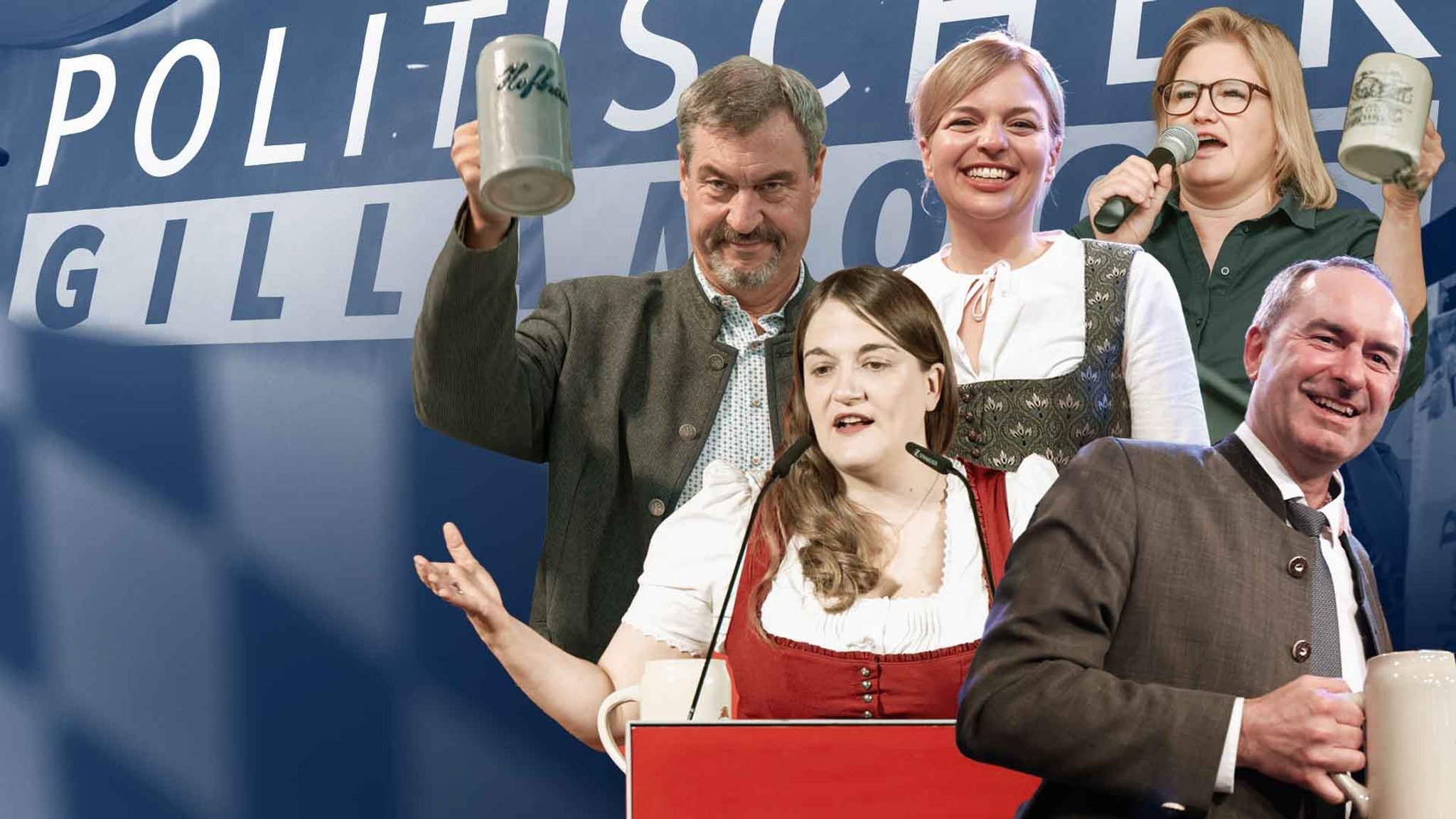 Markus Söder (CSU), Katharina Schulze (Grüne), Katrin Ebner-Steiner (AfD), Ronja Endres (SPD), Hubert Aiwanger (FW), v. oben li. nach unten re.
