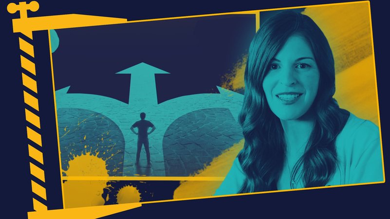 Moderatorin Dana Newman; ein Mann, der an einer dreigeteilten Weggabelung steht und überlegt. | Bild: BR Moderatorin Dana Newman; ein Mann, der an einer dreigeteilten Weggabelung steht und überlegt.