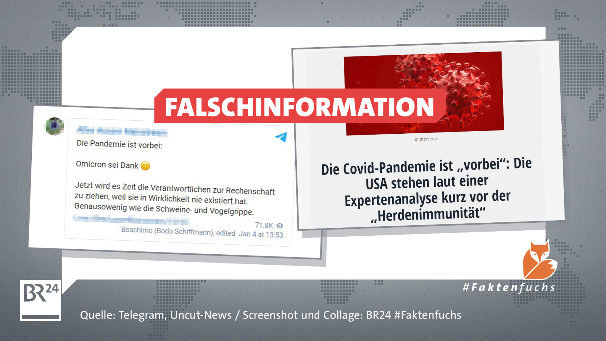 Montage: Auf dem Faktenfuchs-Hintergrund sind zwei Screenshots mit Falschinformationen eingefügt. 1. Screenshot: "Die Pandemie ist vorbei" - Falschaussage von Bodo Schiffmann. 2. Screenshot: "Die Covid-Pandemie ist "vorbei"". Falschinformation einer Website