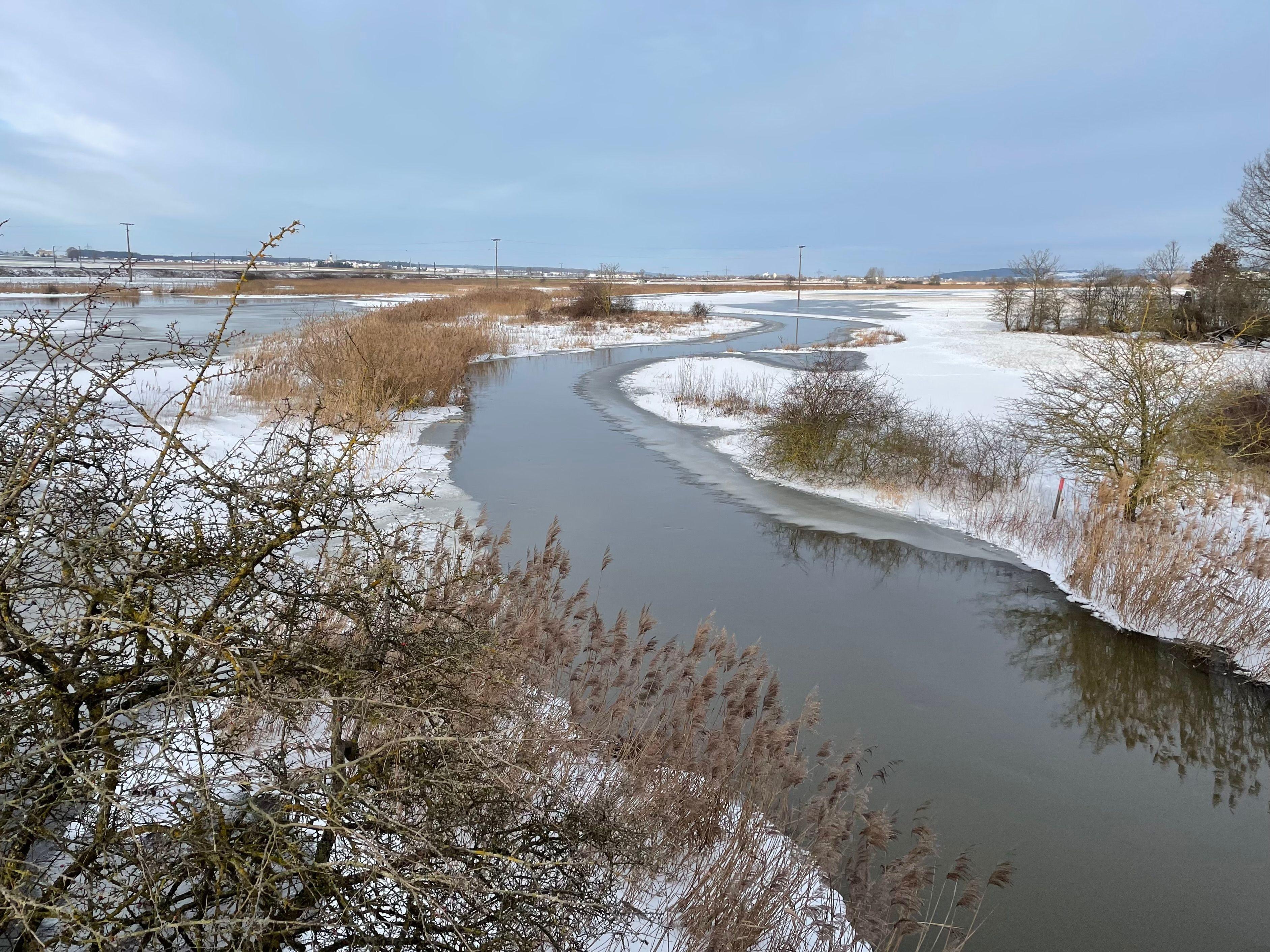Fluss fließt durch verschneite Winterlandschaft mit kahlen Sträuchern und Gräsern.