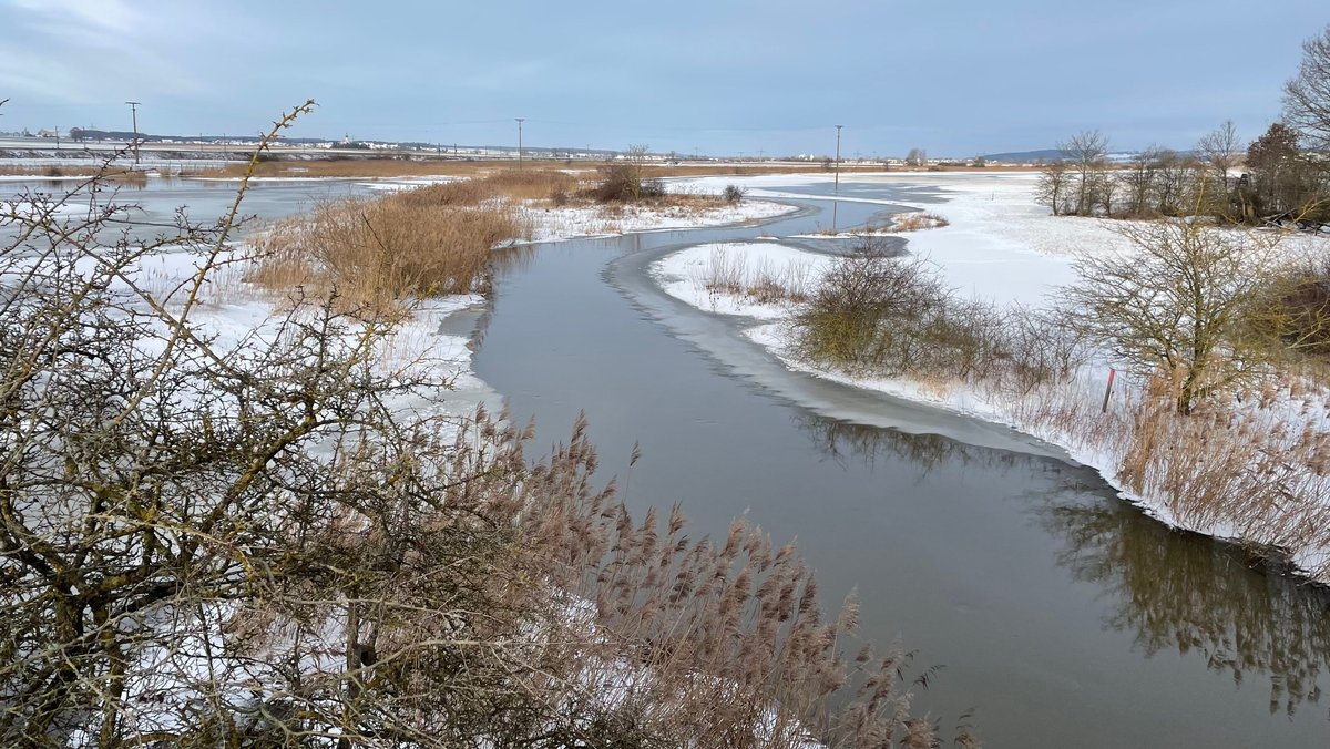 Fluss fließt durch verschneite Winterlandschaft mit kahlen Sträuchern und Gräsern.