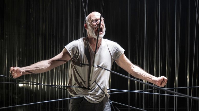 Joachim Meyerhoff in "Die Vaterlosen": Ein schreiender Mann steht in einem Bühnenbild aus Stäben, die ihn attackieren | Bild:Armin Smailovic