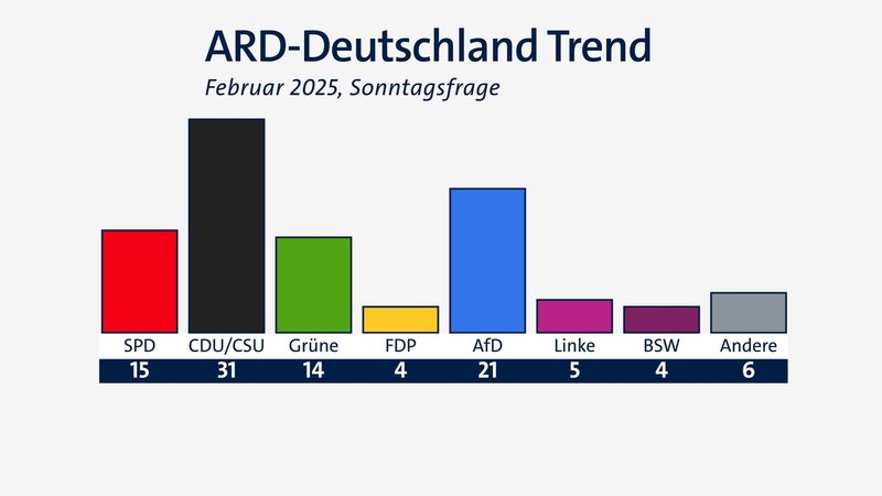 ARD-DeutschlandTrend vom 6. Februar 2025: Sonntagsfrage zur Bundestagswahl | Bild: BR/Infratest dimap ARD-DeutschlandTrend vom 6. Februar 2025: Sonntagsfrage zur Bundestagswahl