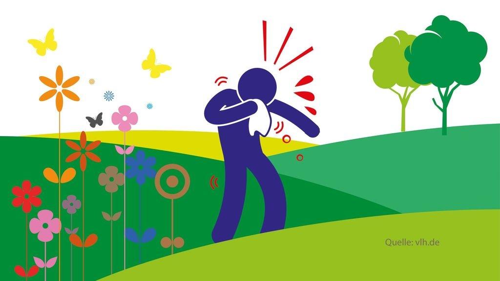Grafik mit Blüten, Pollen, Gräsern und einer niesenden Figurzen / Weiterer Text über ots und www.presseportal.de/nr/69585 / Die Verwendung dieses Bildes für redaktionelle Zwecke ist unter Beachtung aller mitgeteilten Nutzungsbedingungen zulässig und dann auch honorarfrei. Veröffentlichung ausschließlich mit Bildrechte-Hinweis. Foto: VLH/Vereinigte Lohnsteuerhilfe e.V. - VLH/obs