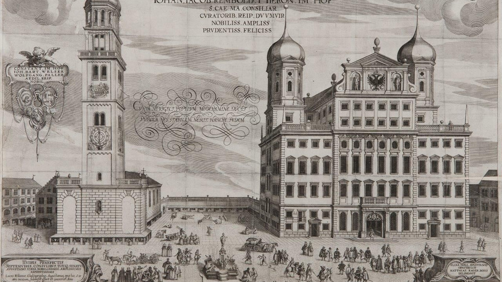 Ansicht des neuen Rathauses mit Perlachturm in Augsburg. Kupferstich von 1619