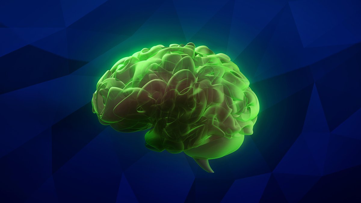 Grünes Gehirn vor blauem Hintergrund (Symbolbild)