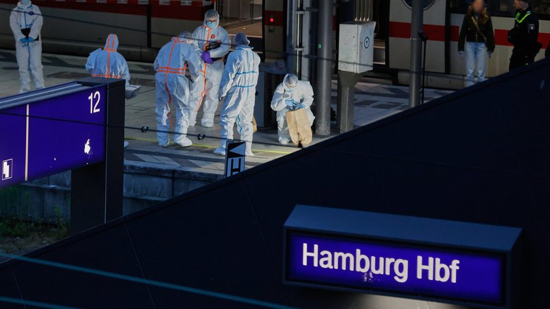 Ermittler untersuchen den Tatort am Hamburger Hauptbahnhof. | Bild: dpa-Bildfunk/Georg Wendt Ermittler untersuchen den Tatort am Hamburger Hauptbahnhof.