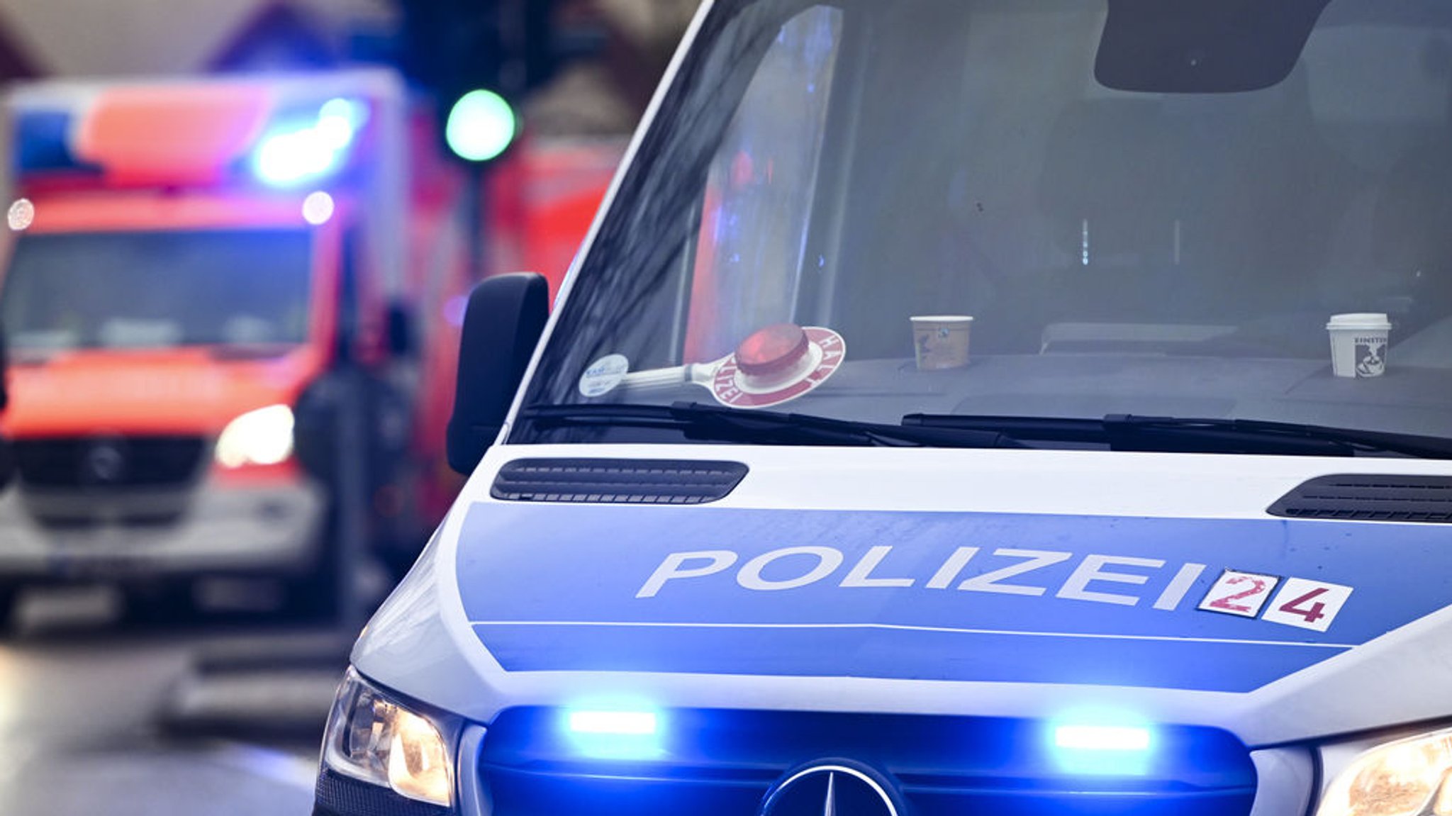 Ein Polizeiauto und ein Rettungswagen mit Blaulicht. (Symbolbild)