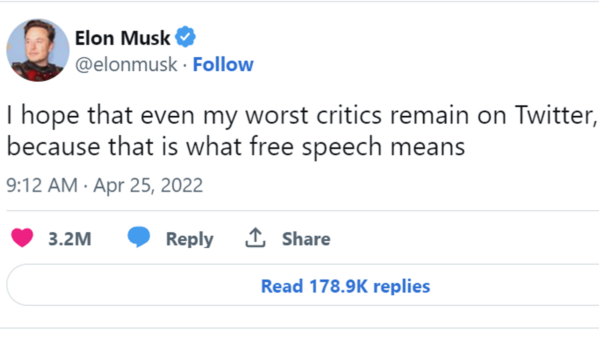 Musk hat sich in den vergangenen Monaten als Kämpfer für freie Meinungsäußerung dargestellt. Im April hatte er noch auf dem Kurznachrichtendienst geschrieben: "Ich hoffe, dass selbst meine schlimmsten Kritiker auf Twitter bleiben, denn das ist es, was Redefreiheit bedeutet".