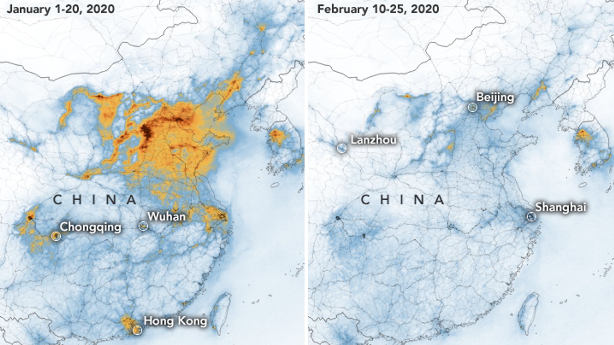 NASA-Bilder zeigen deutlichen Rückgang der Luftverschmutzung in China vor und nach dem Coronavirus-Ausbruch