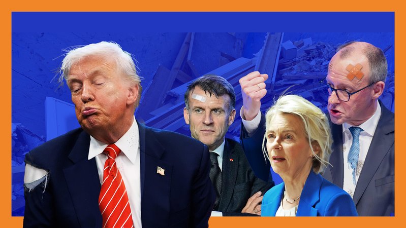 Donald Trump im Vordergrund, im Hintergrund Emmanuel Macron, Ursula von der Leyen und Friedrich Merz - alle lädiert | Bild: Foto Trump: dpa-Bildfunk/Alex Brandon; Foto Merz: dpa-Bildfunk/Boris Roessler; Foto von der Leyen: dpa-Bildfunk/Olivier Hoslet; Foto Macron: dpa-Bildfunk/Ebrahim Noroozi; Hintergrund: colourbox / Holger Iggena; Pflaster: stock.adobe.com/stockphoto-graf; Ärmelriss: stock.adobe.com/troninphoto; Collage: BR Donald Trump im Vordergrund, im Hintergrund Emmanuel Macron, Ursula von der Leyen und Friedrich Merz - alle lädiert