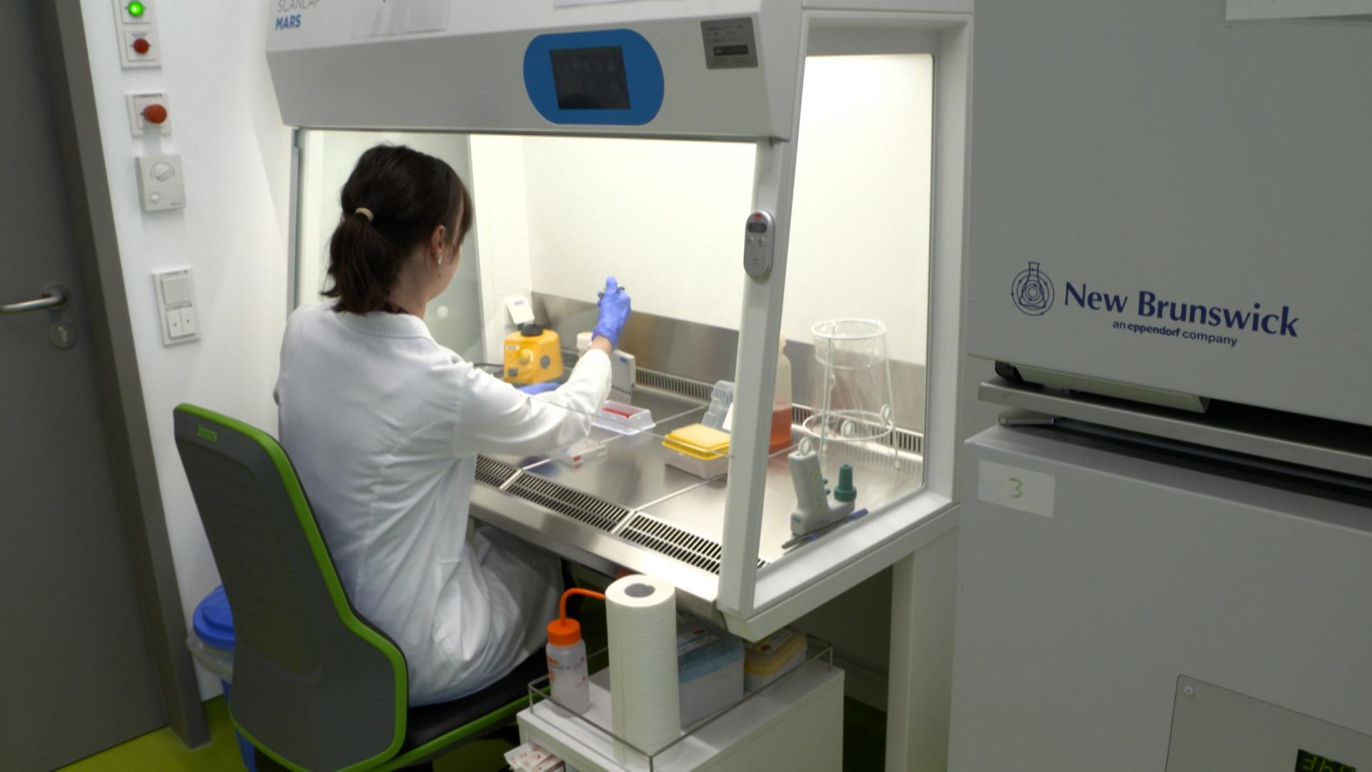 Eine Biologin sitzt an einem Tisch und arbeitet.