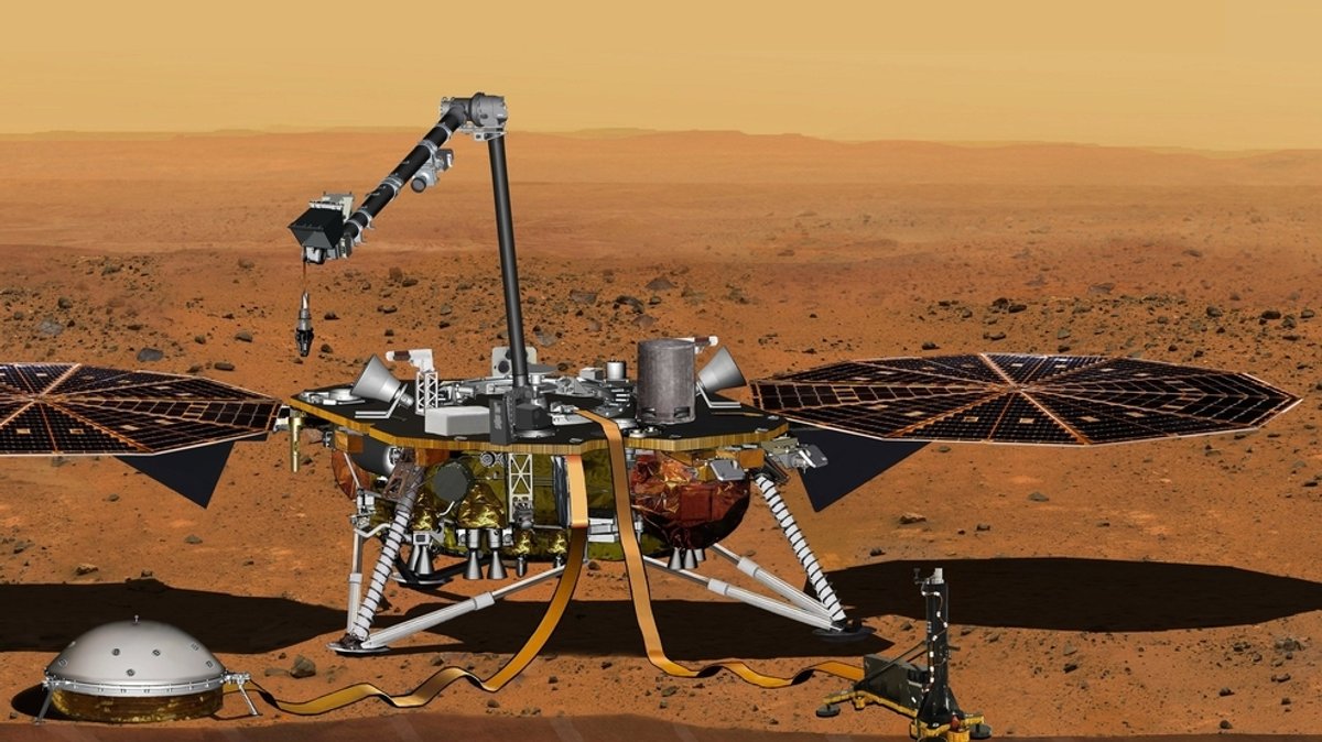 Die Illustration der NASA zeigt den Mars-Lander InSight auf dem Roten Planeten. InSight ist auf dem Mars gelandet und untersucht ihn.
