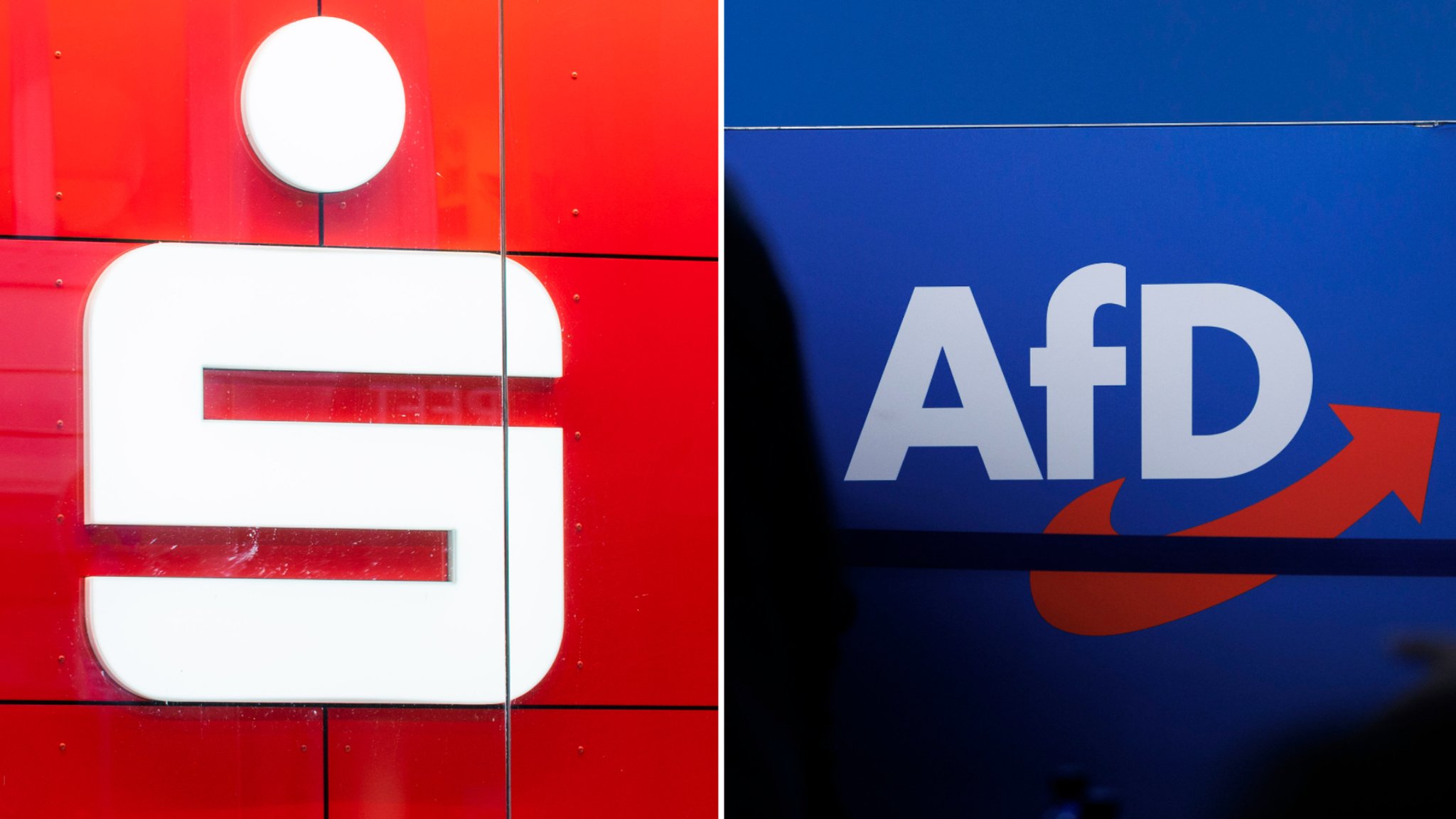 Logo der Sparkasse in einem Schaufenster; Logo der AfD auf einem Monitor