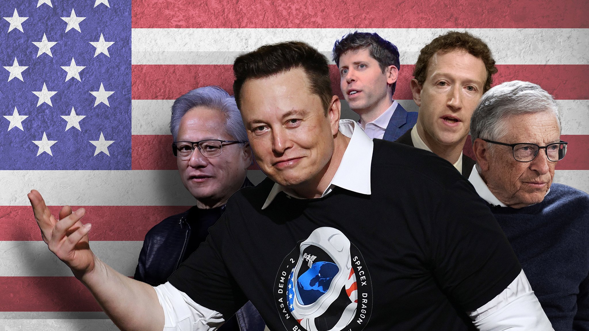 Fünf prägende Köpfe der US-Tech-Branche vor der US-Flagge: Bill Gates, Sam Altman von OpenAI, Jensen Huang von NVIDIA, Elon Musk von Tesla und SpaceX sowie Mark Zuckerberg von Meta.

