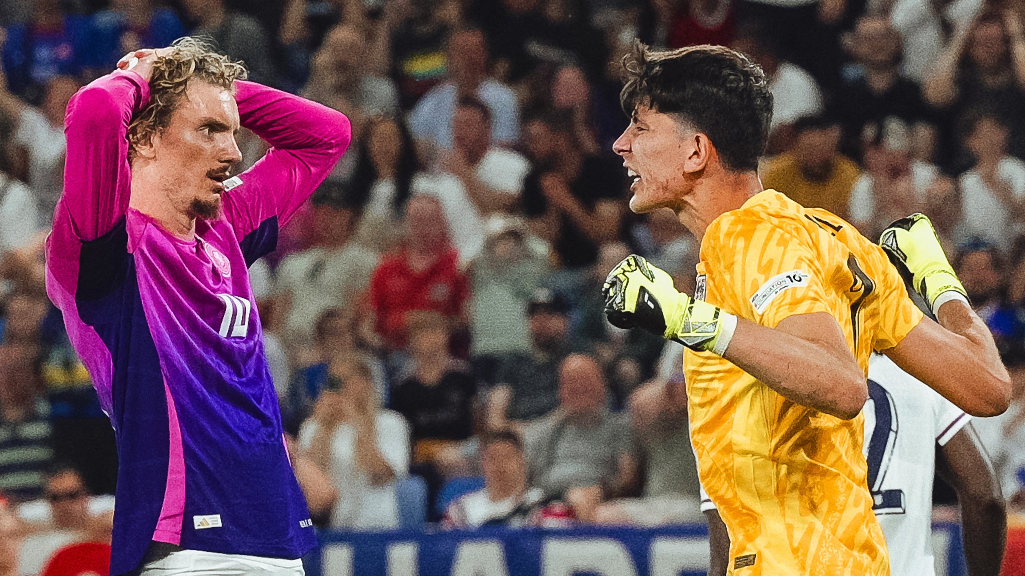 28.06.2025, Slowakei, Bratislava: Fußball, U21 Männer: EM, England - Deutschland, Finalrunde, Finale, Englands Torhüter James Beadle (r) jubelt beim Schlusspfiff neben Deutschlands Nick Woltemade. Foto: Robert Nemeti/dpa +++ dpa-Bildfunk +++