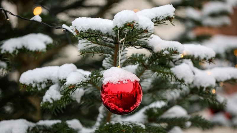 Schnee bedeckt einen Weihnachtsbaum und den Baumschmuck. | Bild: dpa-Bildfunk/Jan Woitas Schnee bedeckt einen Weihnachtsbaum und den Baumschmuck.