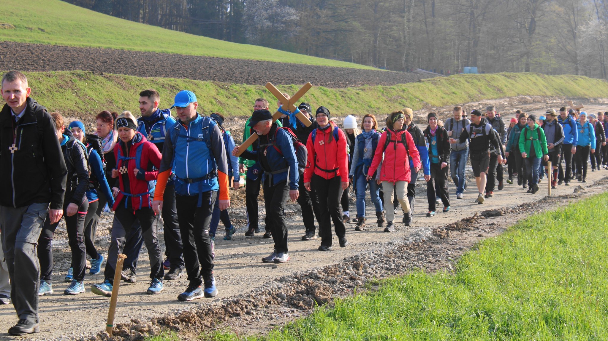 Eine Fußwallfahrtsgruppe geht auf einem Feldweg