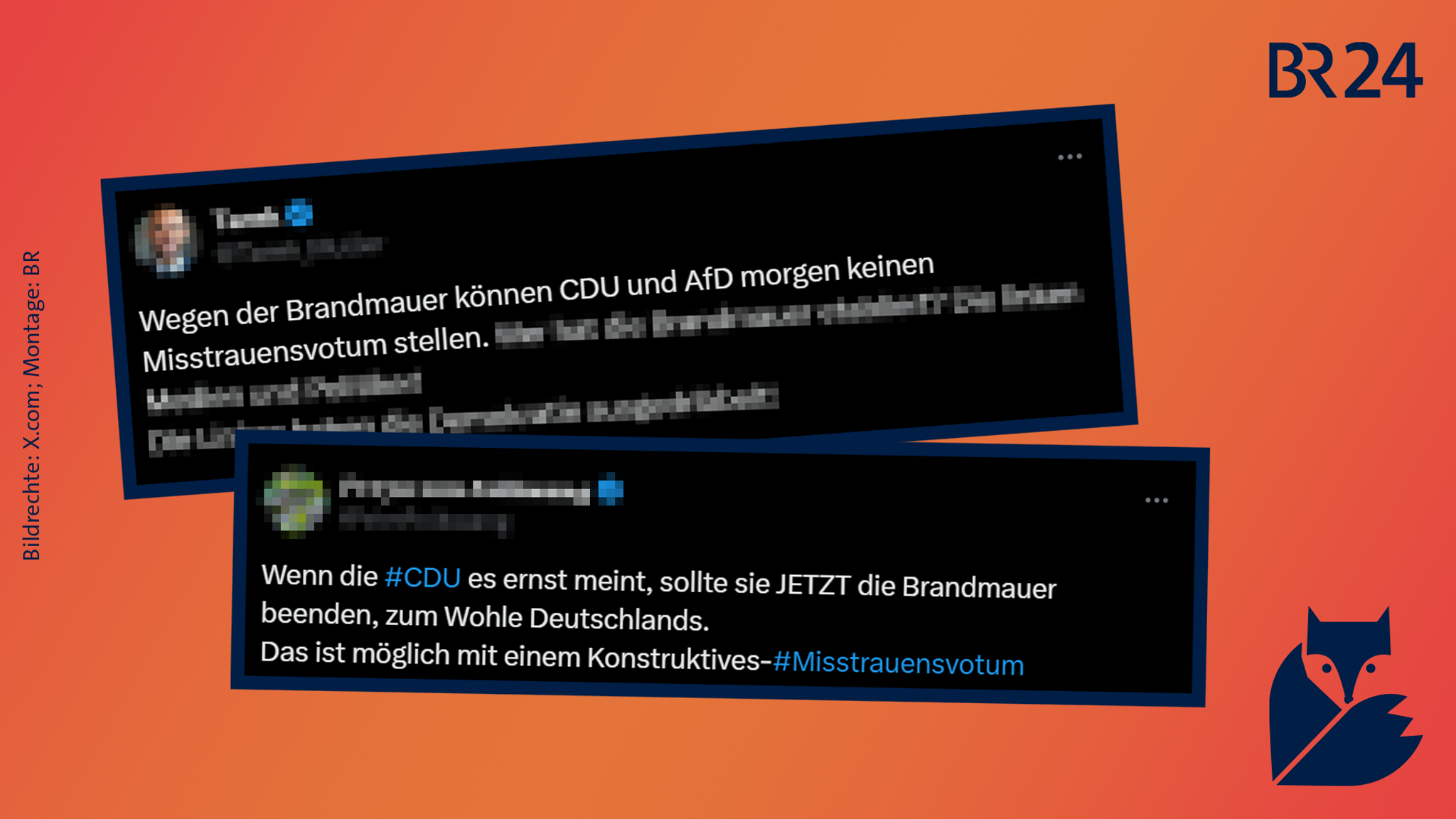 Auf dem Bild zu sehen sind zwei Beiträge von X-Nutzern. Ein Nutzer schreibt: "Wegen der Brandmauer können CDU und AfD morgen keinen Misstrauensvotum stellen." Der andere Nutzer schreibt: "Wenn die #CDU es ernst meint, sollte sie JETZT die Brandmauer beenden, zum Wohle Deutschlands. Das ist möglich mit einem Konstruktives-#Misstrauensvotum".