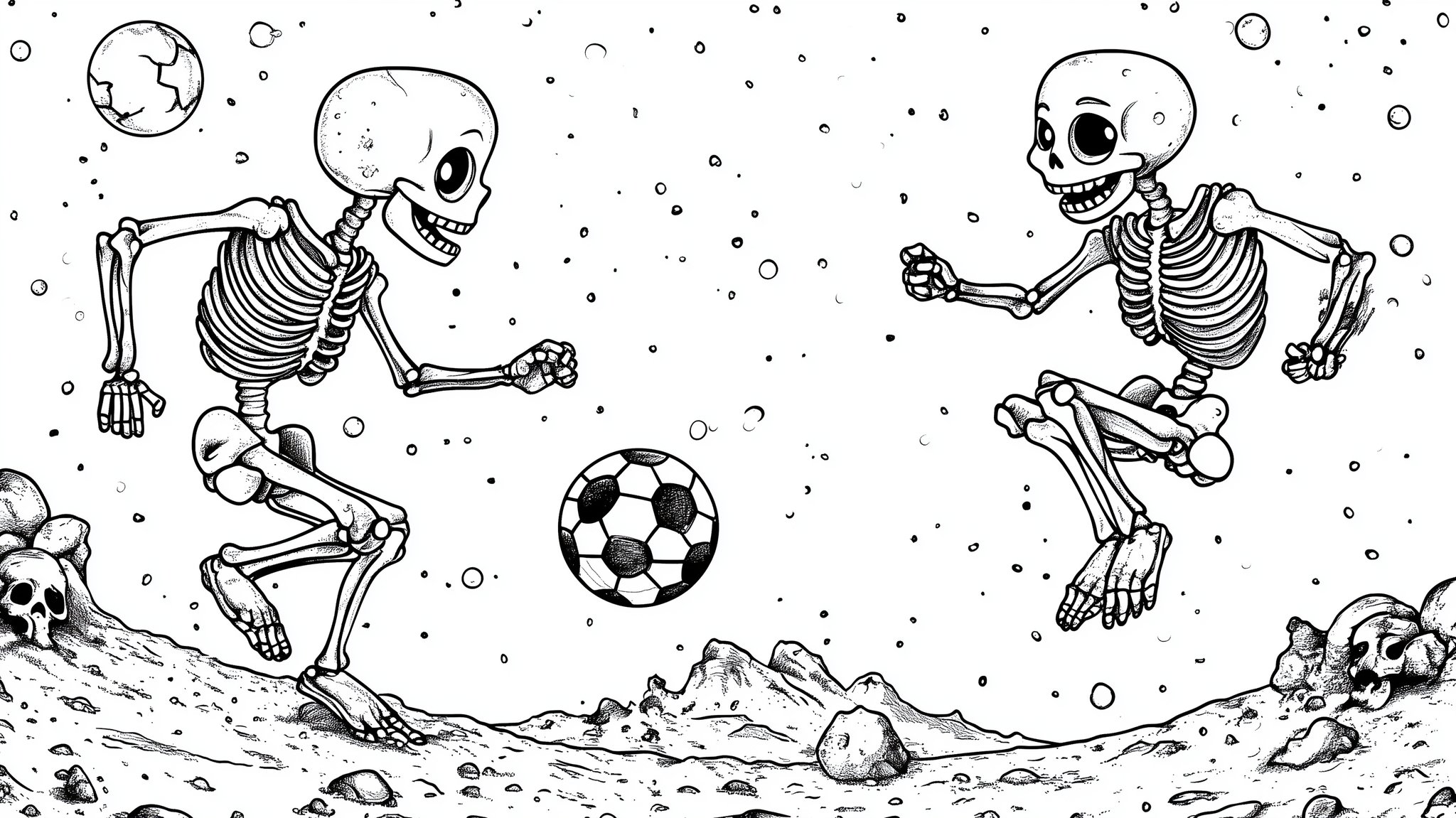 Fußballspielende Skelette auf dem Mars als Ausmalbuch