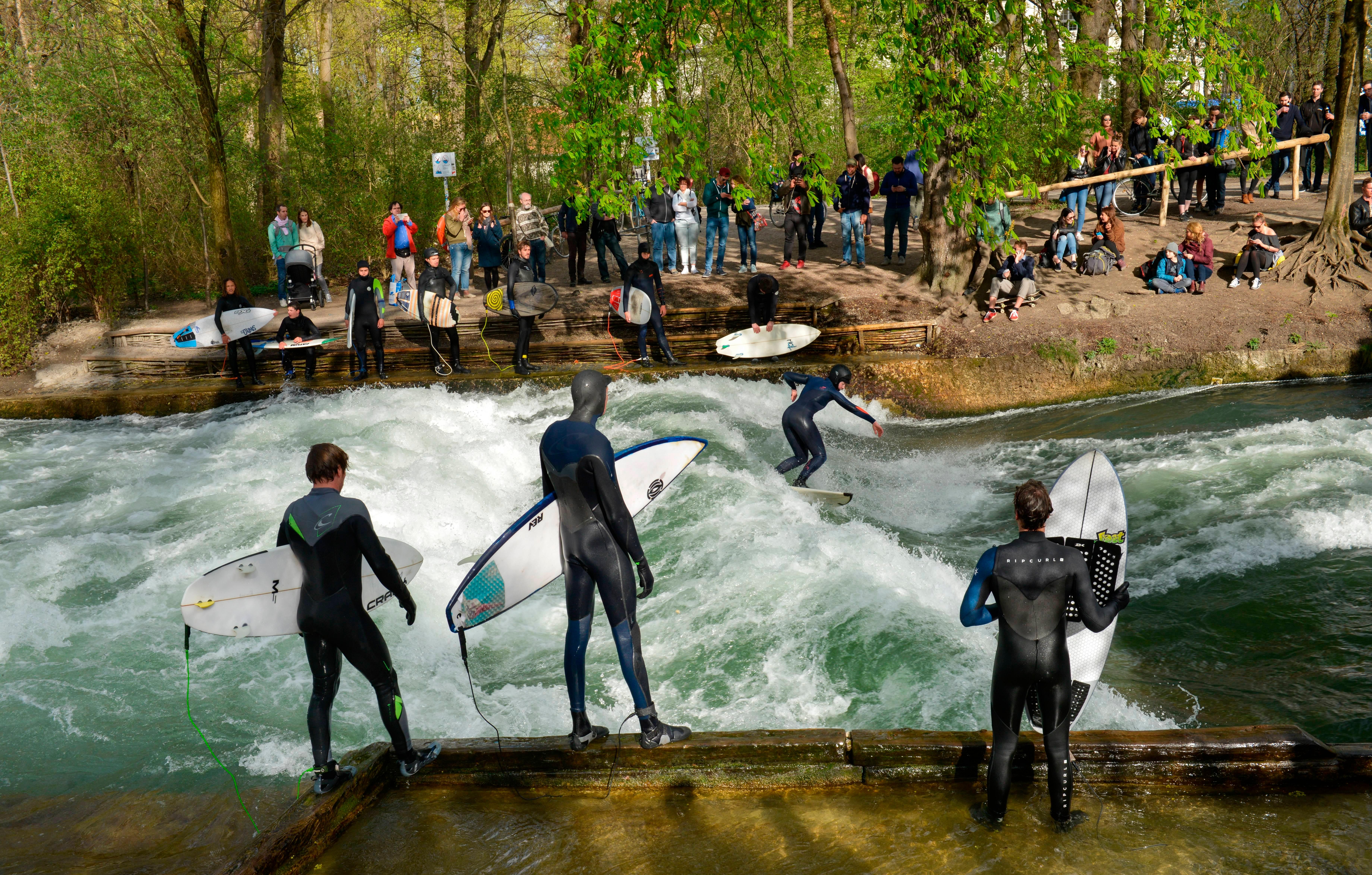 Drei Surfer in Neoprenanzügen stehen an der Eisbachwelle in München mit ihren Surfbrettern unter dem Arm und warten, bis sie an der Reihe sind. Auf der Welle surft eine Frau, am anderen Ufer stehen weitere Surferinnen und Surfer sowie Zuschauerinnen und Zuschauer unter Bäumen. Der Eisbach in München ist mit seiner Surferwelle auf Platz 45 der "besten 100 Strände der Welt" gelandet - und das ohne Strand. (Archivbild)